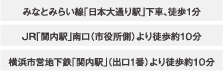 みなとみらい線「日本大通り駅」下車、徒歩1分 JR「関内駅」南口（市役所側）より徒歩約10分 横浜市営地下鉄「関内駅」（出口1番）より徒歩約10分